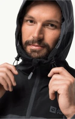 Jack Wolfskin Weiltal 2 Layer Jacket Mens Ebony -Outdoor Equipment Store JackWolfskinWeiltal2LayerJacketMensEbonyHood